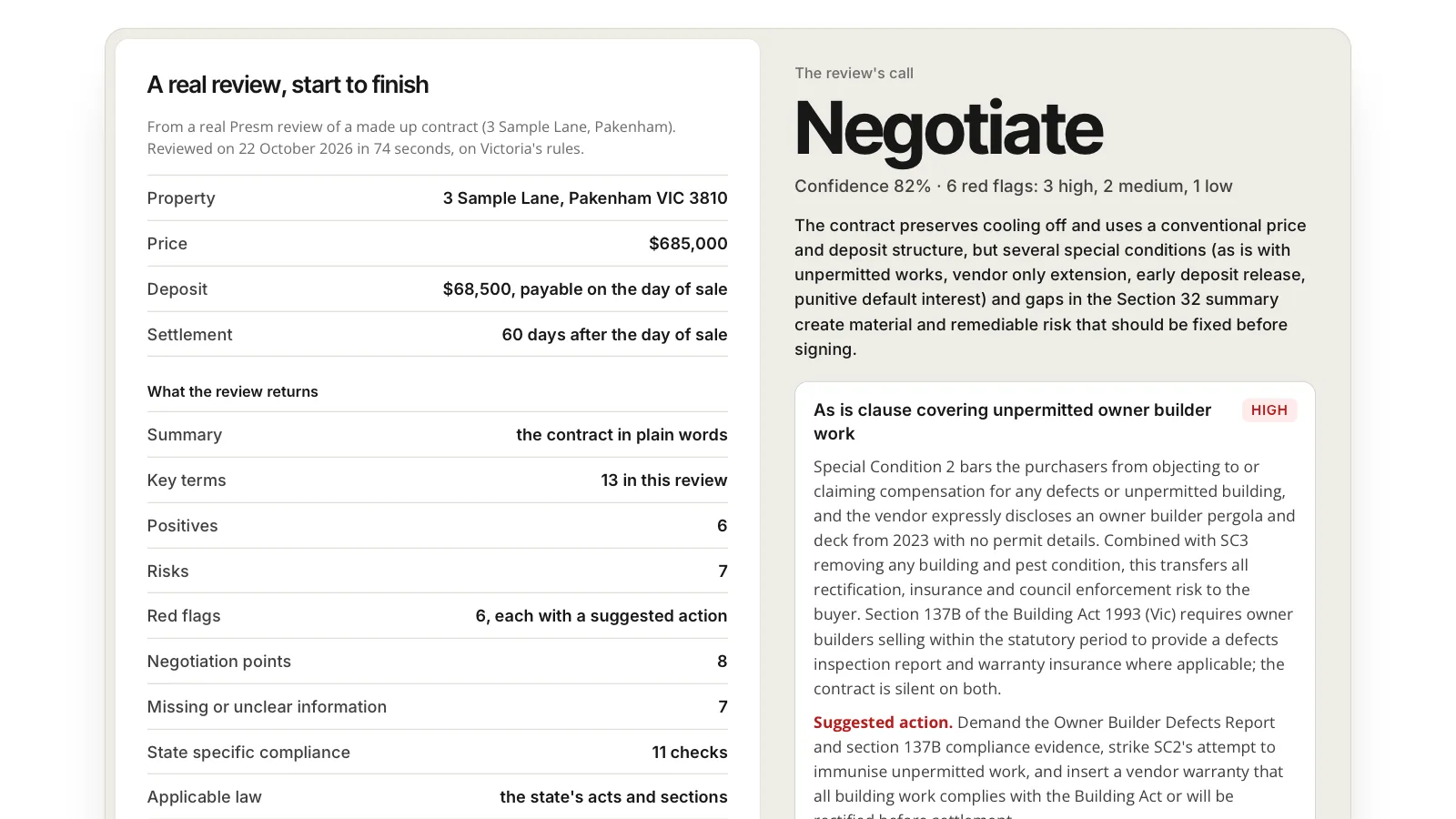 Presm Contract Review: red flags on a made up contract, each with a suggested action